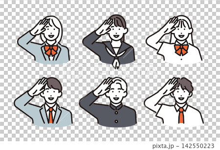 簡單插圖：一組向量圖，描繪了 6 位男女學生敬禮的場景。 142550223