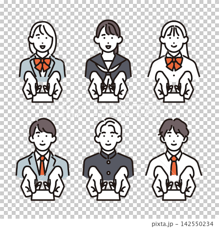 簡單插圖:一組向量插圖,描繪了 6 位男女學生分發名片或自我介紹卡。 簡單插圖:一組向量插圖,描繪了 6 位男女學生分發名片或自我介紹卡。 142550234