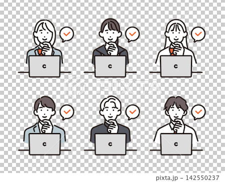 簡單插圖:一組向量插圖,描繪了 6 位男女學生在筆記型電腦上查看內容。 簡單插圖:一組向量插圖,描繪了 6 位男女學生在筆記型電腦上查看內容。 142550237