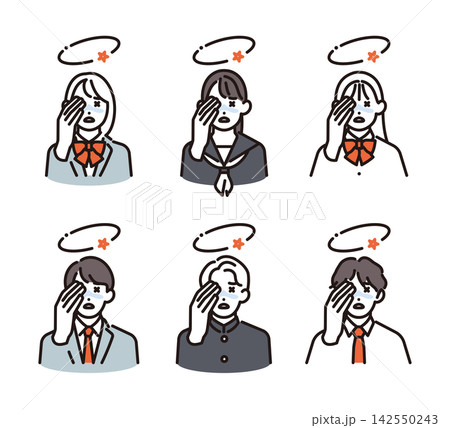 シンプル イラスト めまいやふらつきで体調不良に悩む男女の学生6人のベクターイラストセット シンプル イラスト めまいやふらつきで体調不良に悩む男女の学生6人のベクターイラストセット 142550243