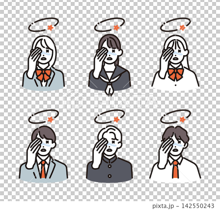 シンプル イラスト めまいやふらつきで体調不良に悩む男女の学生6人のベクターイラストセット シンプル イラスト めまいやふらつきで体調不良に悩む男女の学生6人のベクターイラストセット 142550243
