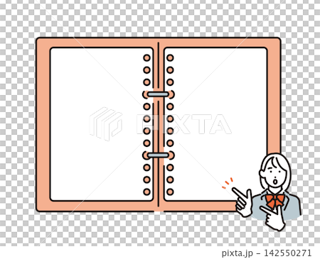 Simple illustration: A female student in a school uniform points to a binder notebook and explains something. Vector illustration. Simple illustration: A female student in a school uniform points to a binder notebook and explains something. Vector illustration. 142550271