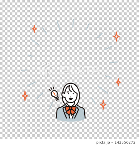 Simple illustration: A female student in a school uniform comes up with an idea and gets a flash of inspiration. Vector illustration. Simple illustration: A female student in a school uniform comes up with an idea and gets a flash of inspiration. Vector illustration. 142550272