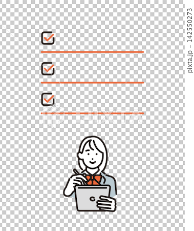 Simple illustration: A female student in a school uniform answering a survey on a tablet. (Vector illustration) 142550273