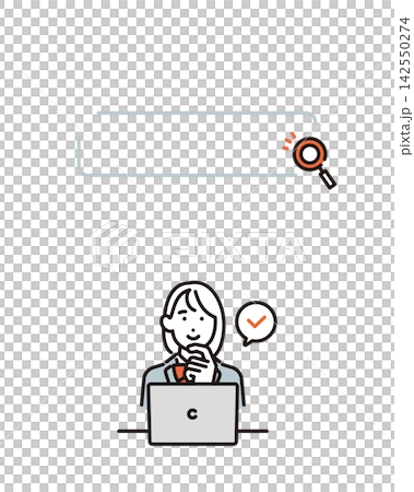 Simple illustration: Female student in uniform searching for information on a laptop. Vector illustration. Simple illustration: Female student in uniform searching for information on a laptop. Vector illustration. 142550274