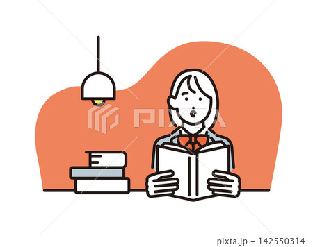 シンプル　イラスト　図書館や自宅で本を読む女子学生のベクターイラスト 142550314