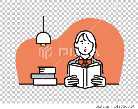 シンプル　イラスト　図書館や自宅で本を読む女子学生のベクターイラスト 142550314