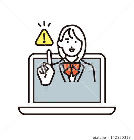 シンプル イラスト ノートパソコンから注意事項や警告を伝える女子学生のベクターイラスト シンプル イラスト ノートパソコンから注意事項や警告を伝える女子学生のベクターイラスト 142550318