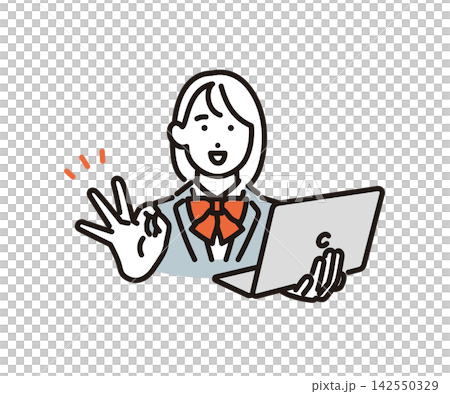 Simple illustration: Vector illustration of a female student holding a laptop and making an OK sign. Simple illustration: Vector illustration of a female student holding a laptop and making an OK sign. 142550329