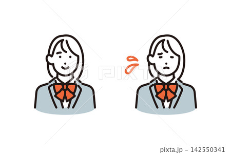 シンプル　イラスト　笑顔と悩み・疲れた表情の女子学生セット ベクターイラスト 142550341