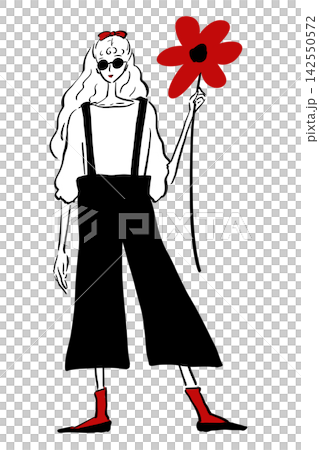 赤い花を持つサロペット姿の女性イラスト パリジェンヌ 142550572