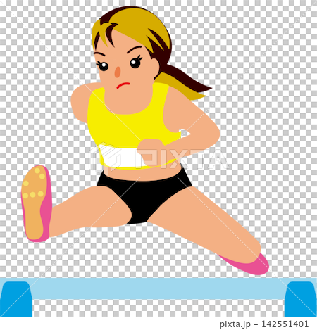 Illustration of a female athlete competing in a sports competition - Scene 01 of her jumping over hurdles in a 110m hurdles race. Illustration of a female athlete competing in a sports competition - Scene 01 of her jumping over hurdles in a 110m hurdles race. 142551401