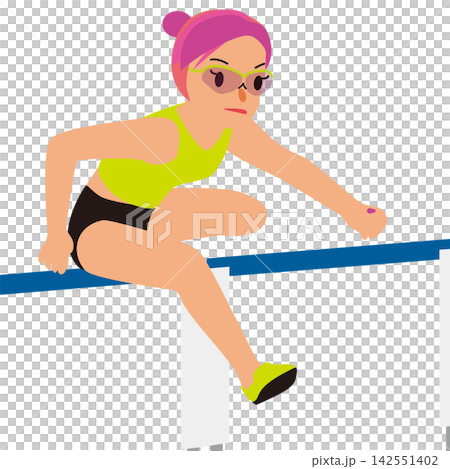 女運動員參加體育比賽的插圖 - 場景 02,她在 110 公尺欄架比賽中跳過欄架。 女運動員參加體育比賽的插圖 - 場景 02,她在 110 公尺欄架比賽中跳過欄架。 142551402