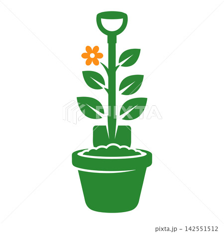 Green potted plant with orange flower and shovel on white background simple icon 142551512