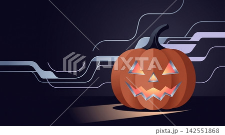 A carved halloween pumpkin with glowing eyes on a dark background 142551868