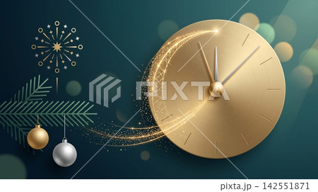 Golden clock with festive decorations on a dark green background Golden clock with festive decorations on a dark green background 142551871