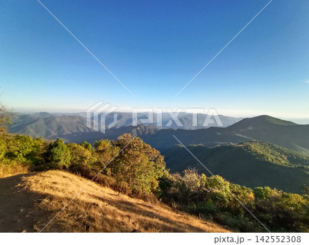 Landscape of golden sun with dry grass on hill in sunrise and mist on valley mountain peak in Thailand 142552308