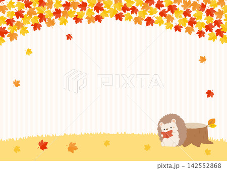 秋の紅葉の下で本を読むハリネズミ、秋の背景素材 秋の紅葉の下で本を読むハリネズミ、秋の背景素材 142552868