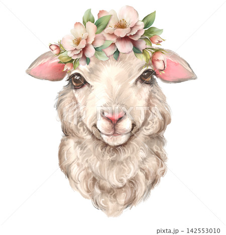 Hand-drawn illustration of a cute fluffy sheep wearing a wreath of pink spring flowers and green leaves. Isolated on a white background, perfect for baby shower invitations, nursery decor and farm Hand-drawn illustration of a cute fluffy sheep wearing a wreath of pink spring flowers and green leaves. Isolated on a white background, perfect for baby shower invitations, nursery decor and farm 142553010
