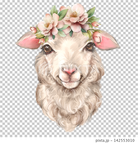 Hand-drawn illustration of a cute fluffy sheep wearing a wreath of pink spring flowers and green leaves. Isolated on a white background, perfect for baby shower invitations, nursery decor and farm Hand-drawn illustration of a cute fluffy sheep wearing a wreath of pink spring flowers and green leaves. Isolated on a white background, perfect for baby shower invitations, nursery decor and farm 142553010