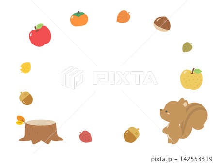 秋の食べ物と紅葉した葉とりすのフレーム 秋の食べ物と紅葉した葉とりすのフレーム 142553319