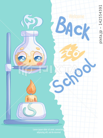 The "Back to School" poster with cute cartoon characters. A glass laboratory flask and an spirit lamp. Knowledge, study, college. Handwritten inscription. Vector school illustration 142554391