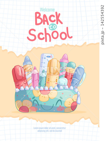 The "Back to School" poster with cute cartoon characters. Pencil case with pen, marker, ruler, eraser. Knowledge, study, college. Handwritten inscription. Vector school illustration The "Back to School" poster with cute cartoon characters. Pencil case with pen, marker, ruler, eraser. Knowledge, study, college. Handwritten inscription. Vector school illustration 142554392