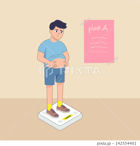 Man standing on bathroom scale with plan note vector illustration Man standing on bathroom scale with plan note vector illustration 142554401