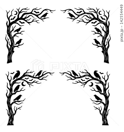 Halloween corner design set with spooky dead trees, ravens, bats and moon silhouette Halloween corner design set with spooky dead trees, ravens, bats and moon silhouette 142554449