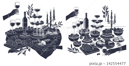 Elegant table setting with wine glasses cakes and olives in a classic line art style Elegant table setting with wine glasses cakes and olives in a classic line art style 142554477