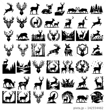 Extensive collection of black deer silhouettes in various forest settings and stylized wildlife art compositions 142554482