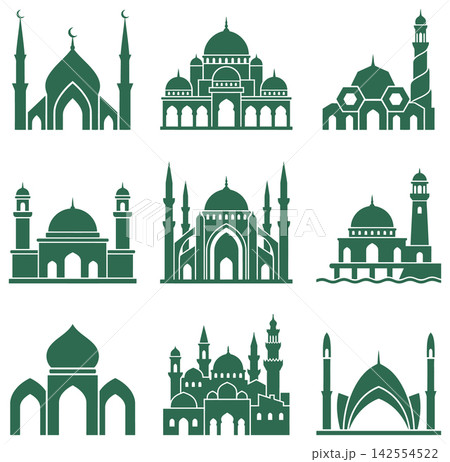 Flat vector set of mosque silhouettes representing diverse architectural styles for religious or cultural designs Flat vector set of mosque silhouettes representing diverse architectural styles for religious or cultural designs 142554522