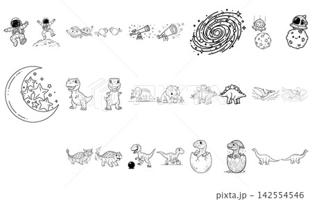 Friendly dinosaur character standing and smiling, outline illustration for kids coloring book and learning activities Friendly dinosaur character standing and smiling, outline illustration for kids coloring book and learning activities 142554546