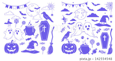 Fun halloween vector icon set with ghosts pumpkins witches hats and spooky graveyard elements for decor Fun halloween vector icon set with ghosts pumpkins witches hats and spooky graveyard elements for decor 142554548