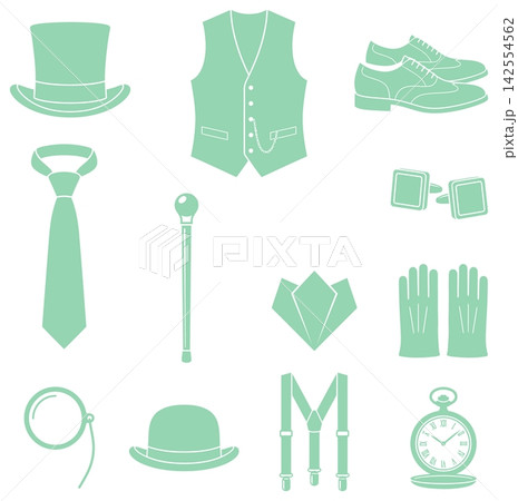 Gentleman vintage clothing accessories set including top hat waistcoat and shoes for classic formal attire 142554562