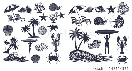 Graphic collection of beach themed elements featuring tropical palms sea shells and ocean waves in silhouette 142554571