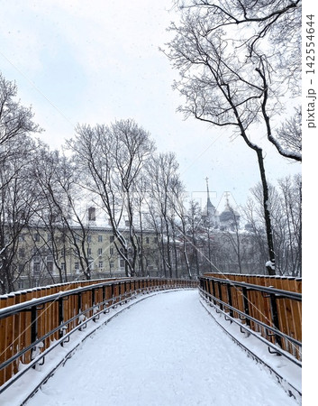 Snow-covered pedestrian bridge in city park during snowfall, peaceful winter scene 142554644