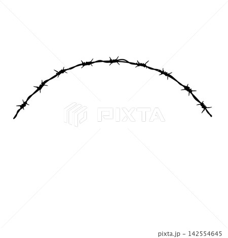 Barbed wire curve arch, black line art thorn fence bend, simple border icon. Vintage sketch wire arc isolated, danger warning mark. Barbed wire curve arch 142554645
