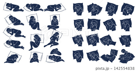 Collection of various women figures in sleeping poses with pillows arranged in diverse relaxing positions Collection of various women figures in sleeping poses with pillows arranged in diverse relaxing positions 142554838