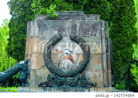Old stone soviet monument on The Hill of Glory memorial cemetery complex in Lviv, Ukraine 142554864