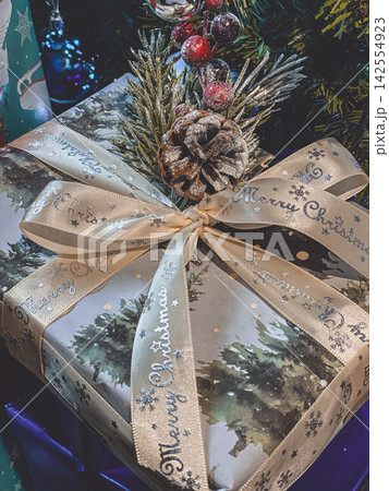 Wrapped Christmas gift with ribbon and pinecone decoration, festive cozy holiday close-up Wrapped Christmas gift with ribbon and pinecone decoration, festive cozy holiday close-up 142554923