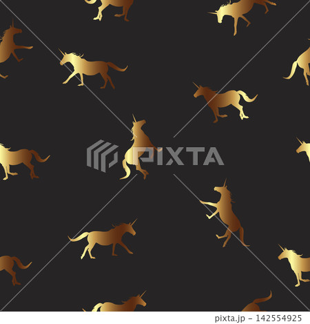 Seamless pattern golden Unicorns silhouettes running on black background. Magical horses repetitive texture, vector design eps 10 Seamless pattern golden Unicorns silhouettes running on black background. Magical horses repetitive texture, vector design eps 10 142554925