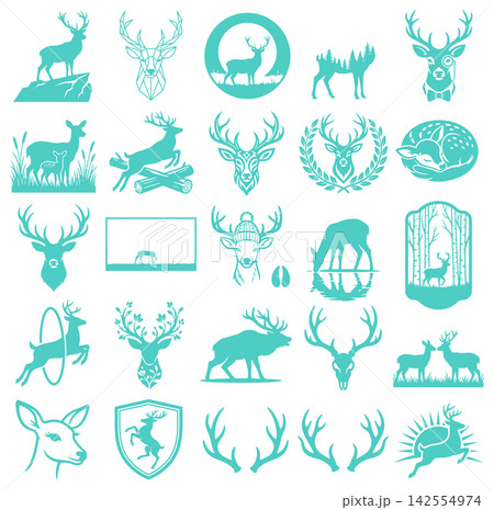 Comprehensive collection of deer and stag icons featuring antlers and forest wildlife in minimalist design style Comprehensive collection of deer and stag icons featuring antlers and forest wildlife in minimalist design style 142554974