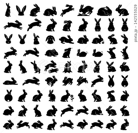 Comprehensive set of rabbit silhouette icons displaying various jumping and sitting poses for creative design 142555029