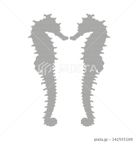 Two Seahorses black silhouette stitch cross patterns icon. Pair simple tropical sea fish embroidery style logo, vector eps 10 Two Seahorses black silhouette stitch cross patterns icon. Pair simple tropical sea fish embroidery style logo, vector eps 10 142555109