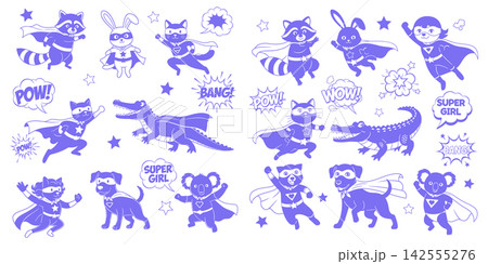 Cute cartoon superhero animal vector set with capes and masks for kids comic book art Cute cartoon superhero animal vector set with capes and masks for kids comic book art 142555276