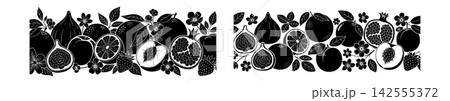 Decorative botanical border design featuring various fresh fruits and flowers in elegant flat vector art style Decorative botanical border design featuring various fresh fruits and flowers in elegant flat vector art style 142555372