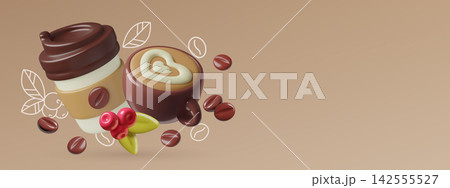 Coffee background in a 3d style with cappuccino espresso cup, coffee beans and berries 142555527