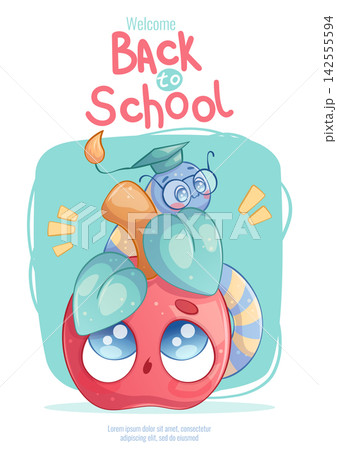 The "Back to School" poster with cute cartoon characters. An apple and a worm in glasses and a student hat. Knowledge, study, college. Handwritten inscription. Vector school illustration 142555594