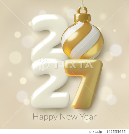 2027 Happy New Year white 3d numbers with Christmas ornament on golden holiday bokeh background 142555655